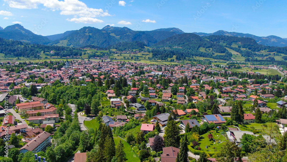 Aerial view over the city of Oberstdorf Bavaria Germany - capital of annual Ski Jump tournament