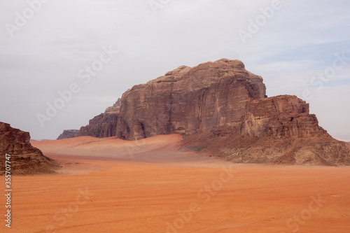 Red sand and rocks in the Wadi Rum desert in Jordan.