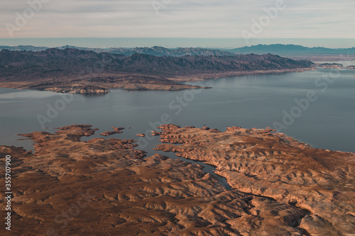 Aerial views on Grand Canyon, Lake Mead  and Colorado River on the border of Nevada and Arizona
