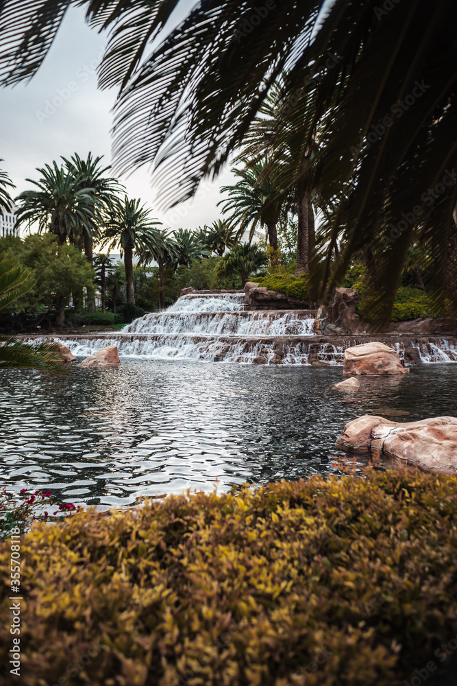 Obraz premium Lake and water feature with rocks and palm trees