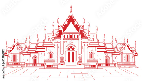 Wat Benchamabophit temple or the marble temple is landmark of bangkok. Vector illustration of amazing Thailand.