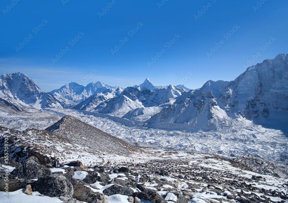 Himalaya Mountain landscape and Khumbu glacier view from Kala Patthar peak in Sagarmatha National Park, Everest region, Nepal Himalayas