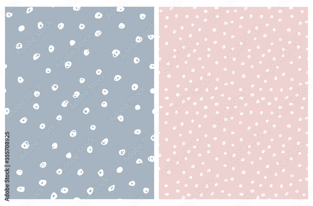Cute Hand Drawn Abstract Irregular Polka Dots Vector Pattern Set. White Brush Dots on a Pale Blue and Light Pink Background. Bright Infantile Style Vector Print. Simple Dotted Layout. Cute Hand Drawn Abstract Irregular Polka Dots Vector Pattern Set. White Brush Dots on a Pale Blue and Light Pink Background. Bright Infantile Style Vector Print. Simple Dotted Layout.