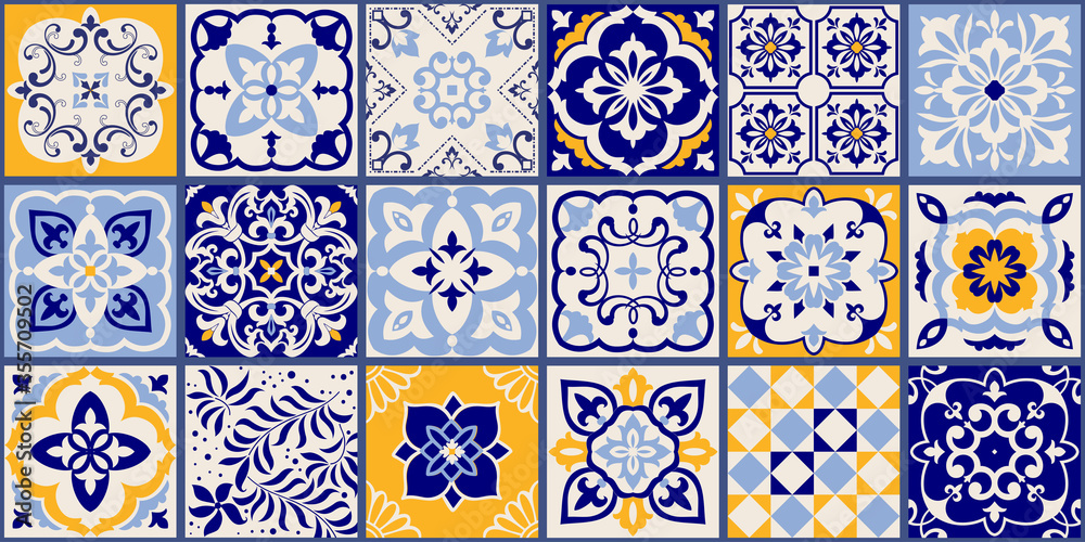 Collection of 18 ceramic tiles in turkish style. Seamless colorful patchwork from Azulejo tiles. Portuguese and Spain decor. Islam, Arabic, Indian, Ottoman motif. Vector Hand drawn background