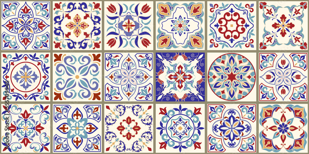 Fototapeta premium Collection of 18 ceramic tiles in turkish style. Seamless colorful patchwork from Azulejo tiles. Portuguese and Spain decor. Islam, Arabic, Indian, Ottoman motif. Vector Hand drawn background