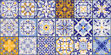 Collection of 18 ceramic tiles in turkish style. Seamless colorful patchwork from Azulejo tiles. Portuguese and Spain decor. Islam, Arabic, Indian, Ottoman motif. Vector Hand drawn background