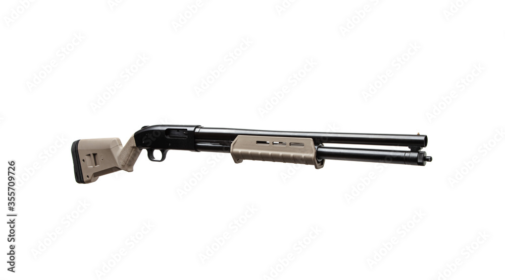 Modern pump-action shotgun with a plastic butt and fore-end isolate on a white back. Weapons for sports and self-defense. Armament of police, army and special units. Modern pump-action shotgun with a plastic butt and fore-end isolate on a white back. Weapons for sports and self-defense. Armament of police, army and special units.