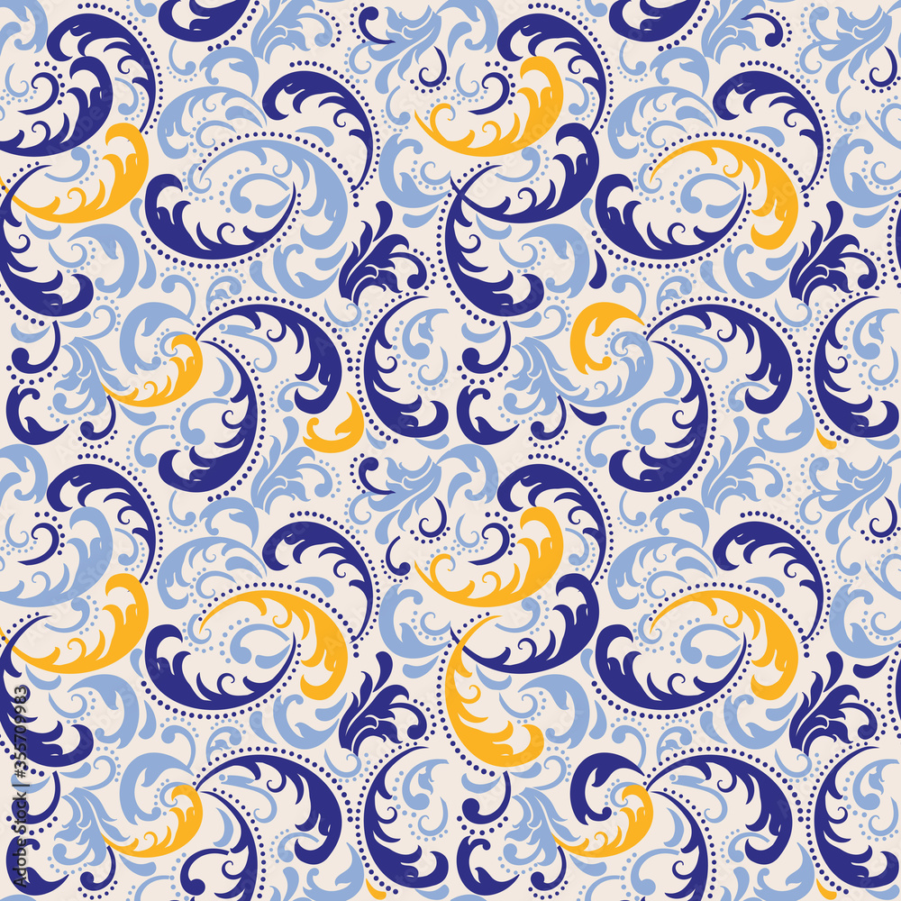 Wallpaper in the style of Baroque. Seamless vector background. Blue floral ornament. Graphic pattern for fabric, wallpaper, packaging. Ornate Damask flower ornament. Wallpaper in the style of Baroque. Seamless vector background. Blue floral ornament. Graphic pattern for fabric, wallpaper, packaging. Ornate Damask flower ornament.