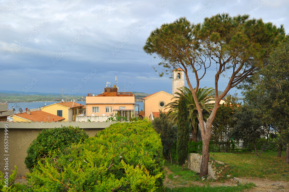 View on two vintage houses and the Mediterranean Sea