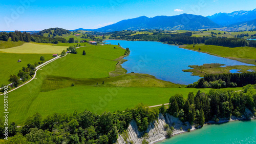 Aerial view over Lake Forggensee at the city of Fuessen in Bavaria Germany