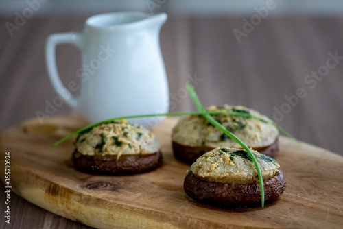 Homemade Stuffed Mushrooms using Shitake Mushroom, creemchese, and flour, Amateur chef close up macro photos. Vegetarian Dish