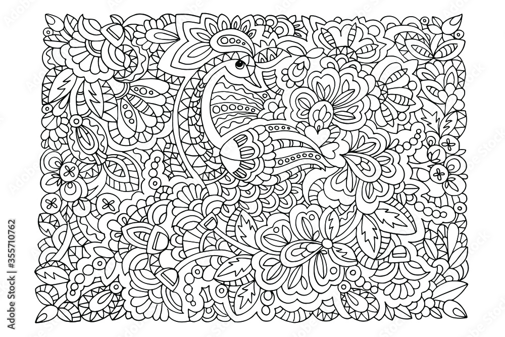 coloring book, antistress, flower patterns, fairytale bird, hand drawing, doodle, sketch, vector illustration