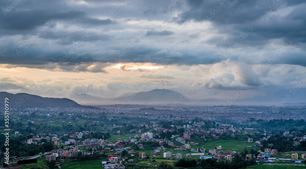Scenic view of Kathmandu valley skyline during dusk. Kathmandu is a densely populated capital city.