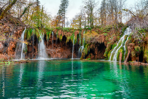 Plitvice Lakes Park with waterfalls in autumn