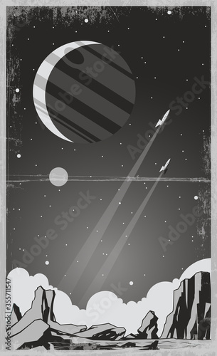 Retro Futurism Space Poster, Alien Landscape, Space Rockets, Monochrome, Grunge Texture Pattern 