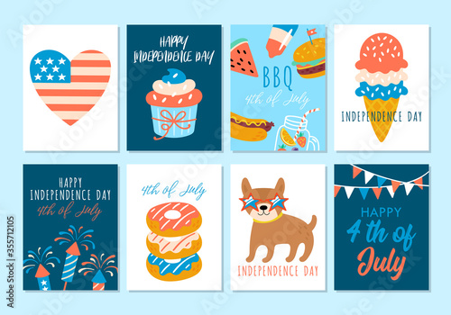 4th of july USA Independence day cute greeting card set. Childish print for cards and party invitations. Vector illustration