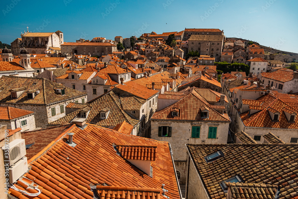 view of the tiled roofs of the old town of Dubrovnik in Croatia