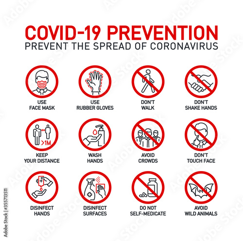 Coronavirus covid19 prevention creative illustration banner. Word lettering typography red line icons on white background. Thin line infographic style quality design for corona virus covid 19 prevent