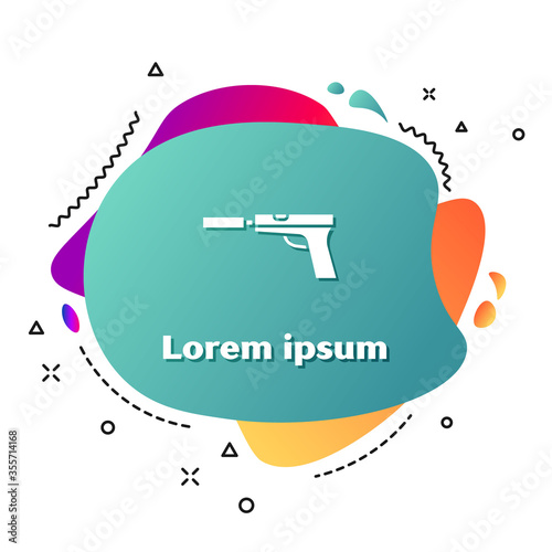 White Pistol or gun with silencer icon isolated on white background. Abstract banner with liquid shapes. Vector Illustration