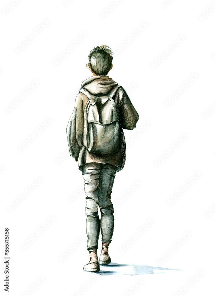 Passerby watercolor illustration of young man with backpack, goes away / Hand-drawn watercolor and ink illustration isolated on white background / Sketch style Passerby watercolor illustration of young man with backpack, goes away / Hand-drawn watercolor and ink illustration isolated on white background / Sketch style