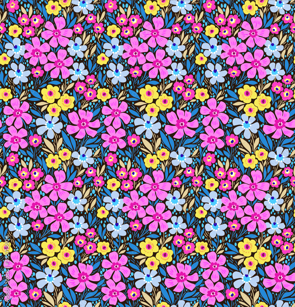 Floral pattern. Pretty flowers on black background. Printing with small multicolored flowers. Ditsy print. Seamless vector texture. Spring bouquet.