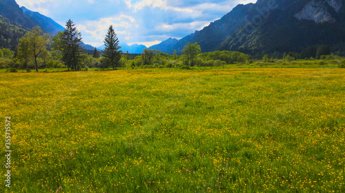 Typical landscape in Bavaria in the Allgau district of the German Alps - aerial view