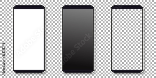 Realistic smartphone display mockup set. Smartphone mockup isolated on transparent background. Realistic vector illustration.
