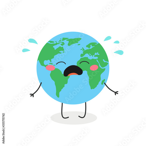 Cute crying cartoon Earth character vector illustration