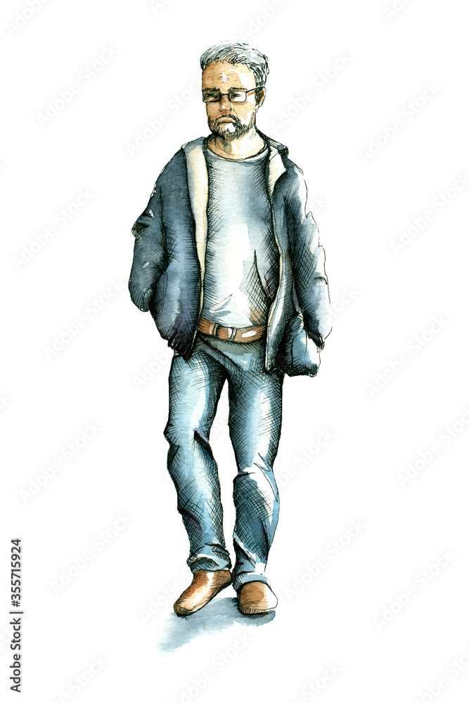 Passerby. Watercolor illustration of man in a jacket, jeans and glasses. Sketch style.  Hand drawn watercolor and ink pedestrian, isolated on white background. 