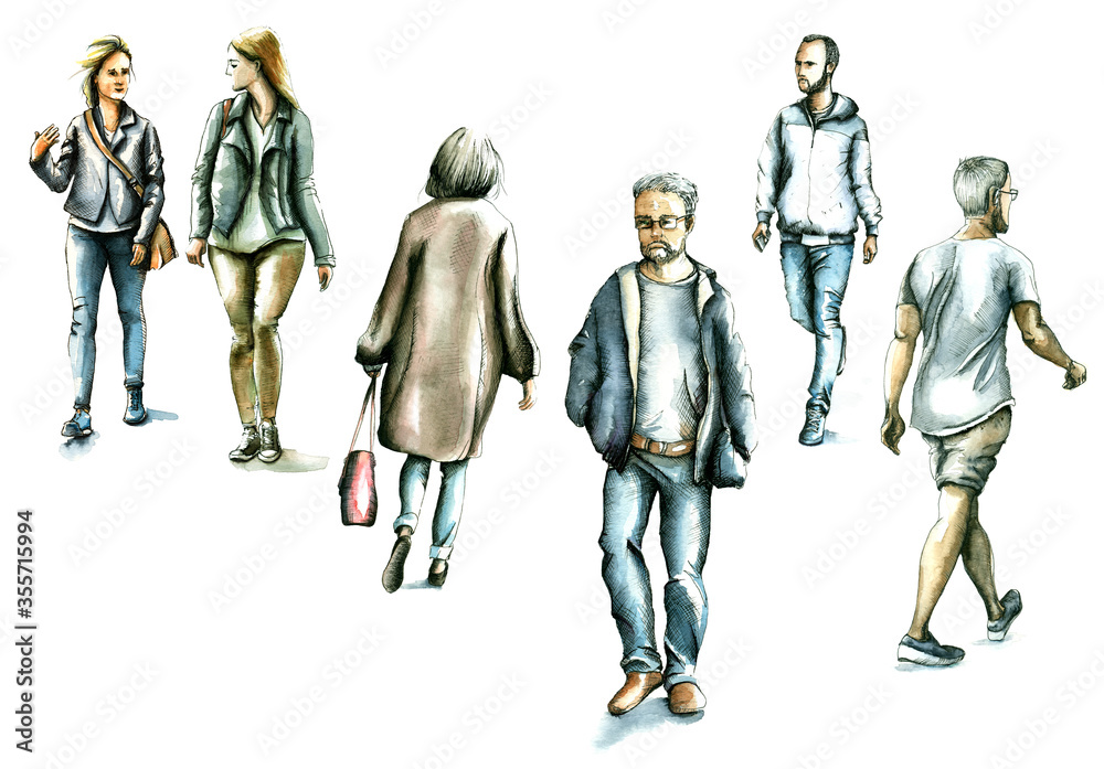 Passersby. Watercolor sketch of people who walking in the street.   Watercolore pedestrian,  isolated on white background.