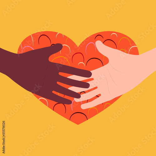 equality and unity among the diversity of human races and ethnicity. the solidarity between black and white people community. peace with love concept. vector illustration.