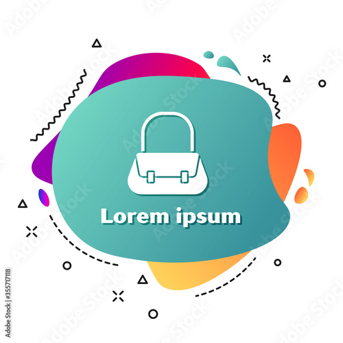 White Handbag icon isolated on white background. Female handbag sign. Glamour casual baggage symbol. Abstract banner with liquid shapes. Vector Illustration