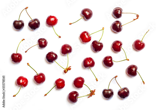Fresh ripe cherry isolated on white, seamless pattern, fruit abstract background