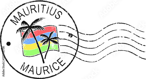 Postal grunge stamp   Mauritius  . English and french inscription. White background.