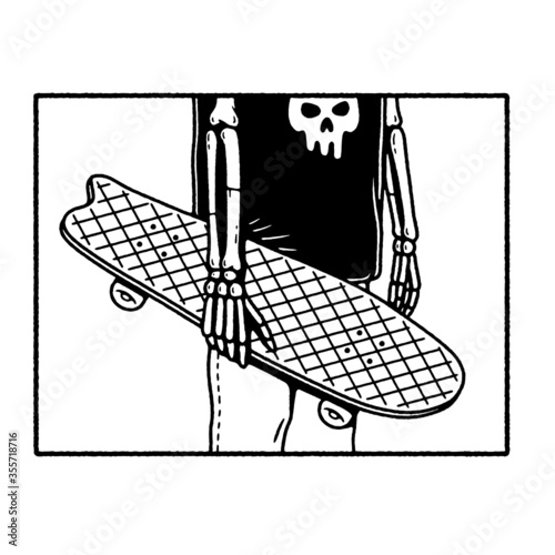 SKELETON SKATEBOARDER WITH SKATEBOARD IN RIGHT HAND BLACK WHITE BACKGROUND