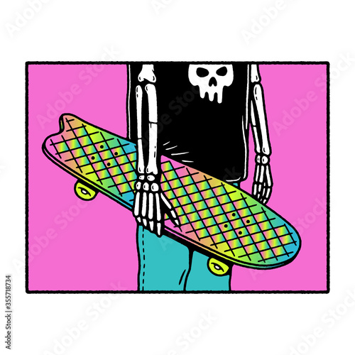 SKELETON SKATEBOARDER WITH SKATEBOARD IN RIGHT HAND COLOR WHITE BACKGROUND