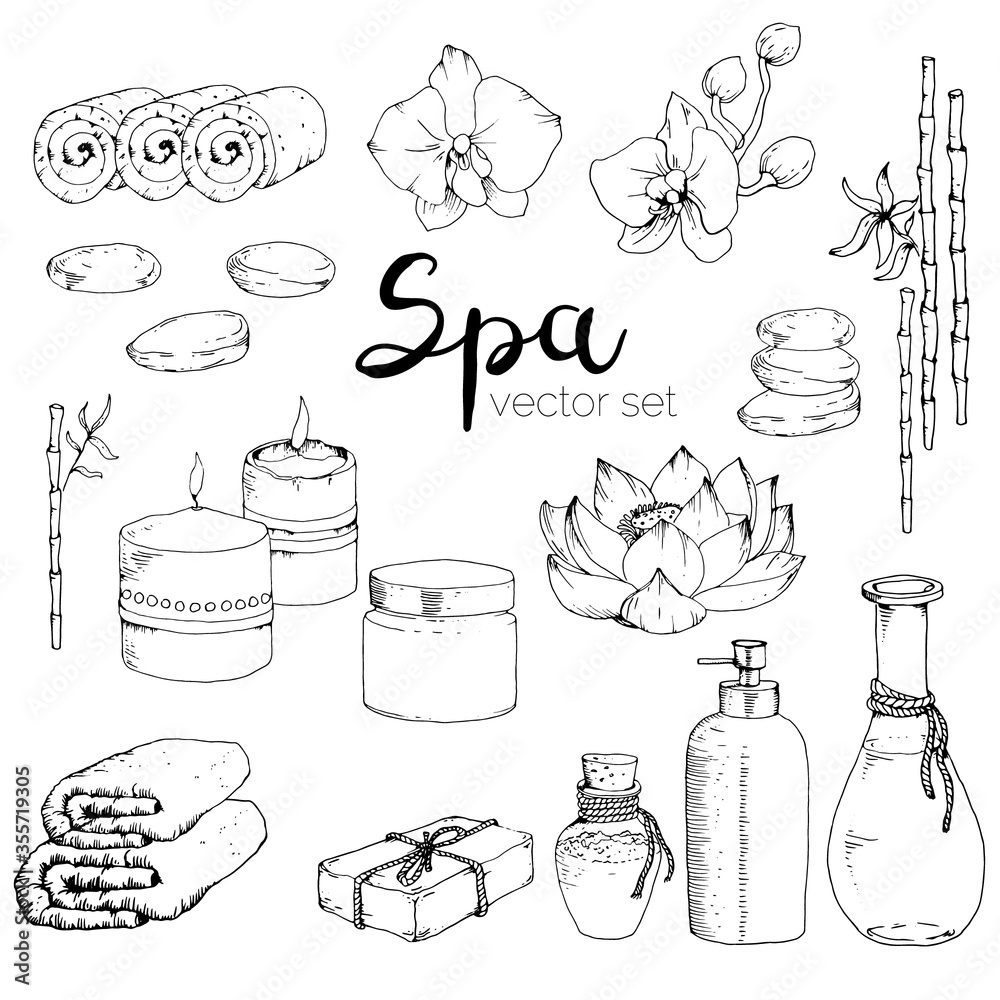 Obraz Vector hnd draw SPA set. Candles, bottles, soap, flowers, cream, stones, towel