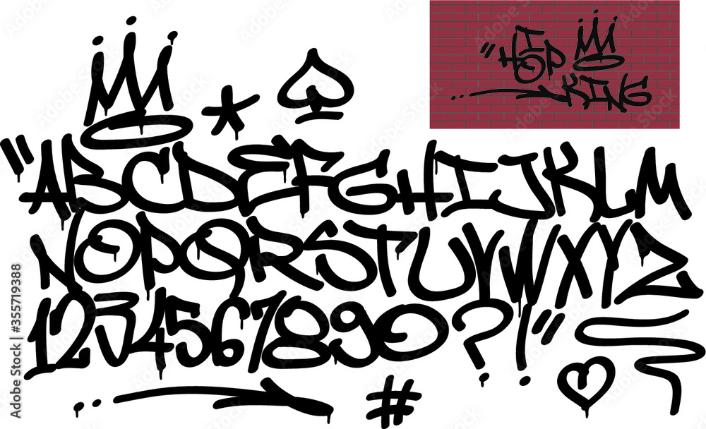Spray graffiti tagging font and signs (crown, heart, star, arrow, dot, quotation mark, number, spade). ''Hip-hop king''  quote on brick wall background. - obrazy, fototapety, plakaty 