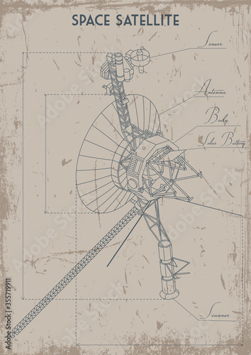 Space Satellite Patent Drawings Stylization, Grunge Texture Frame 