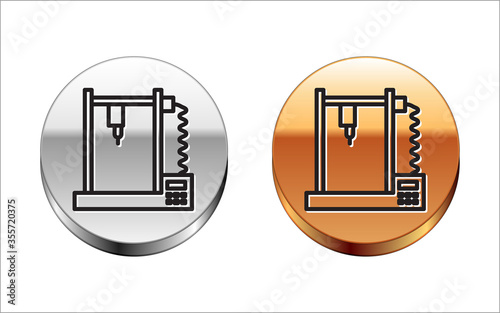 Black line 3D printer icon isolated on white background. Silver-gold circle button. Vector Illustration