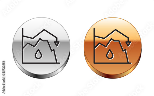 Black line Drop in crude oil price icon isolated on white background. Oil industry crisis concept. Silver-gold circle button. Vector Illustration