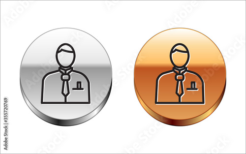 Black line Businessman or stock market trader icon isolated on white background. Silver-gold circle button. Vector Illustration