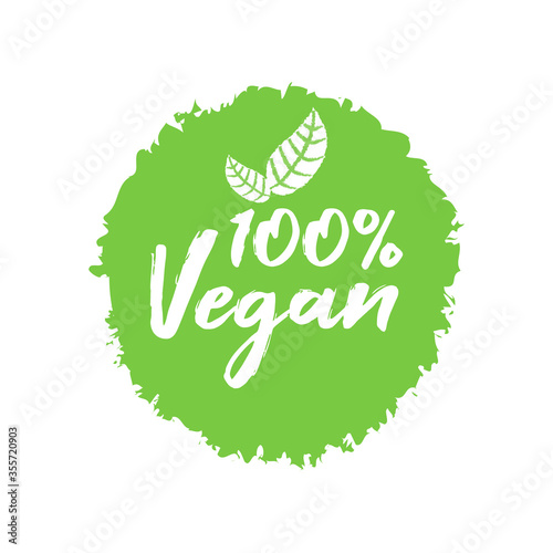 100% Vegan text green product logo. Ecology friendly fresh organic food label vector illustration.