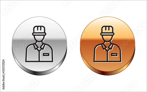 Black line Oilman icon isolated on white background. Silver-gold circle button. Vector Illustration
