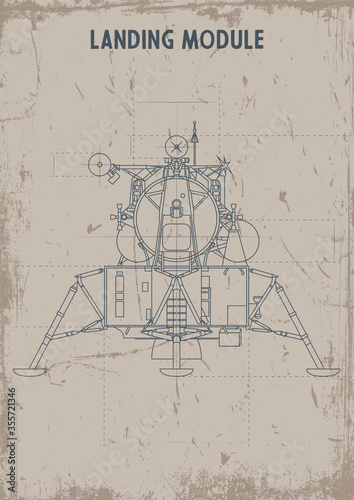 Retro Space Landing Module Patent Drawings Stylization, Grunge Texture Pattern 