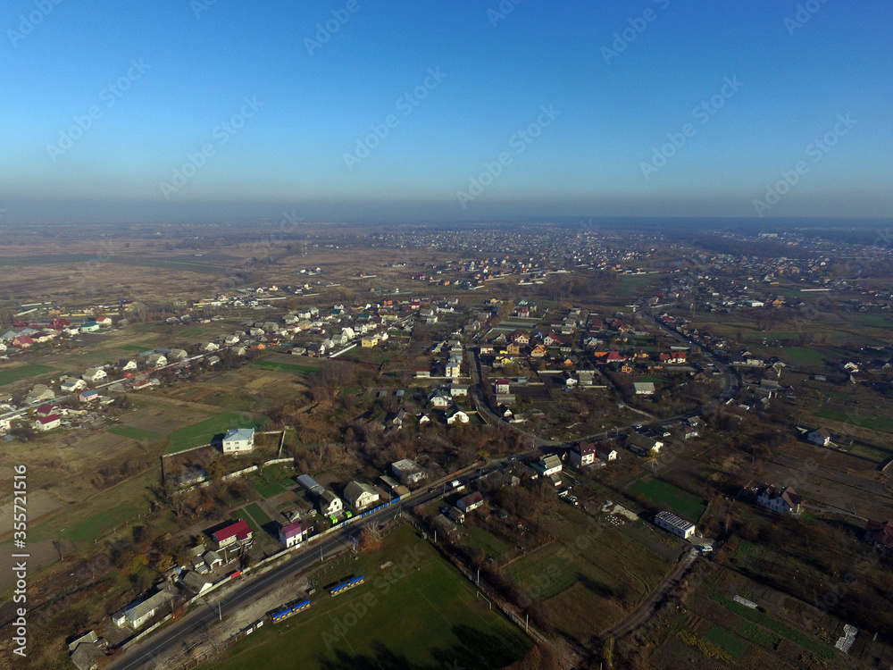 Aerial view of the saburb landscape (drone image). Near Kiev