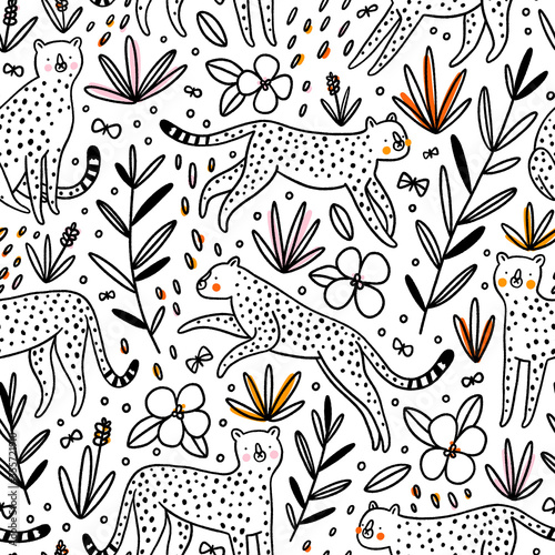 Cheetahs hunting butterflies, outline vector seamless pattern