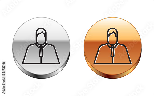 Black line Lawyer, attorney, jurist icon isolated on white background. Jurisprudence, law or court icon. Silver-gold circle button. Vector Illustration