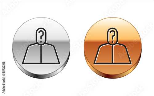 Black line Anonymous man with question mark icon isolated on white background. Unknown user, incognito profile, business secrecy, obscurity. Silver-gold circle button. Vector Illustration