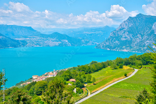 Aerial view of Iseo lake and Siviano village from Monte Isola in Italy photo